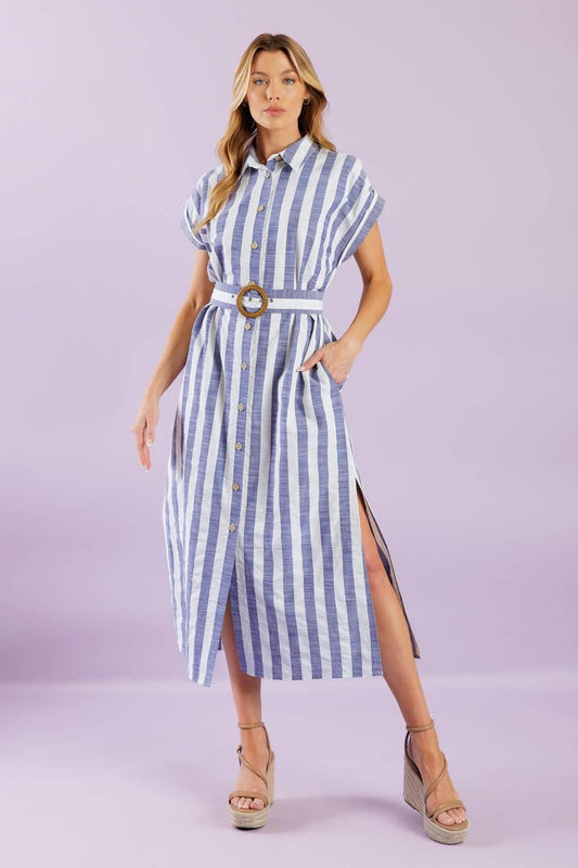 Would've Been the One Woven Midi Dress in blue white, view 1 — Soul Flow Apparel