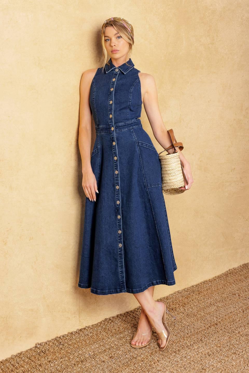 Cool Girl Denim Midi Dress in medium indigo, view 1 — Soul Flow Apparel
