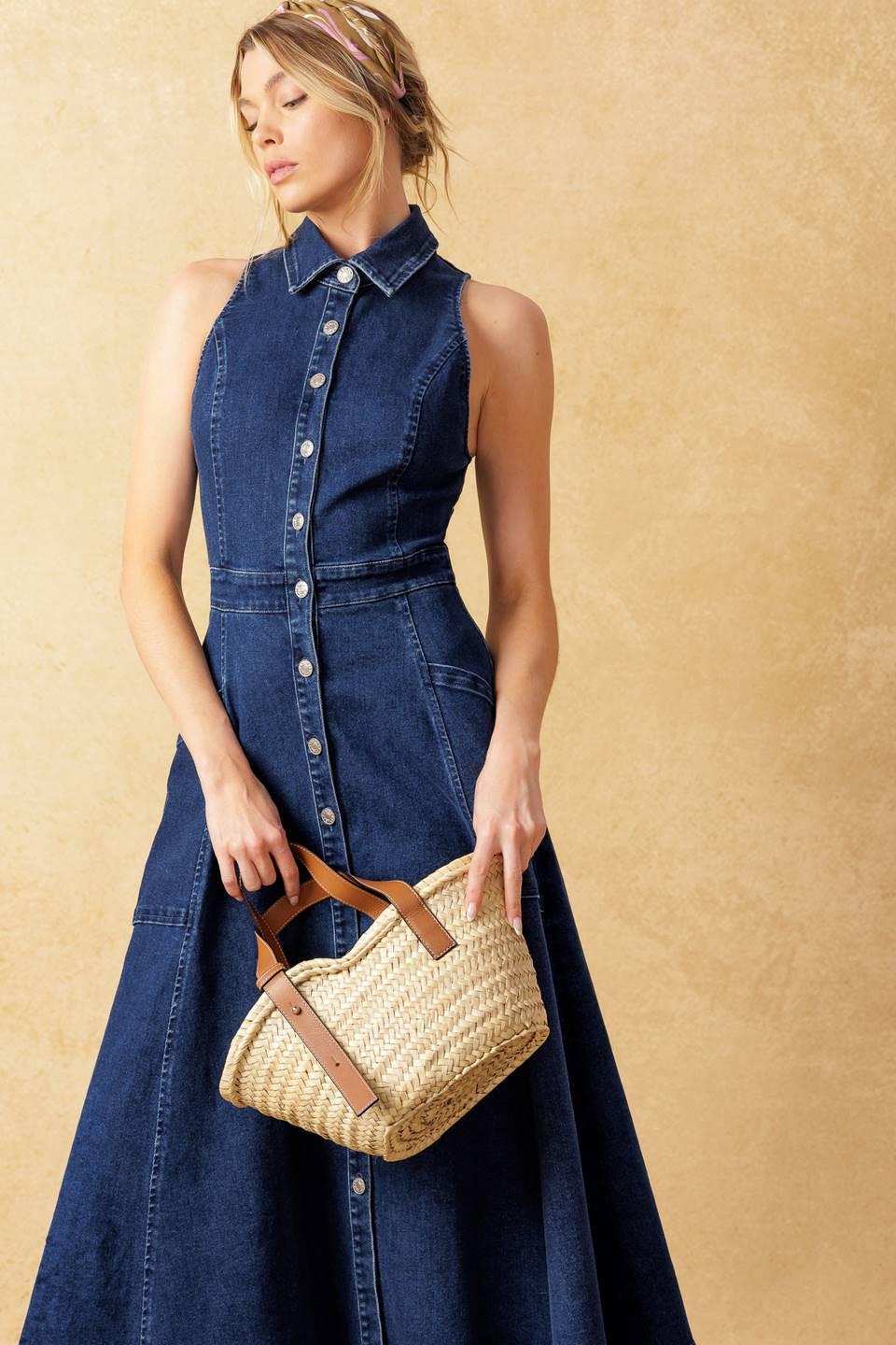 Cool Girl Denim Midi Dress in medium indigo, view 2 — Soul Flow Apparel