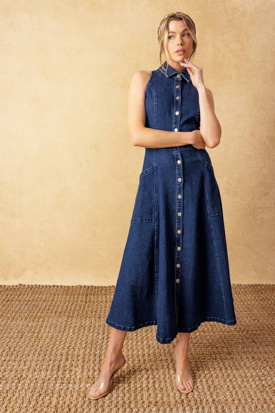 Cool Girl Denim Midi Dress in medium indigo, view 3 — Soul Flow Apparel