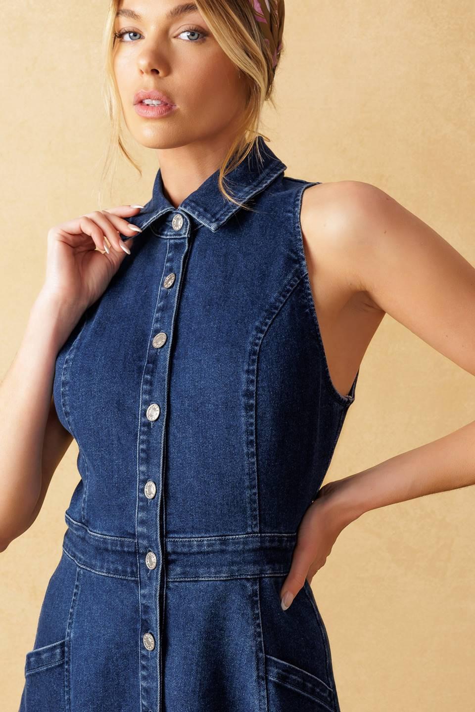 Cool Girl Denim Midi Dress in medium indigo, view 4 — Soul Flow Apparel