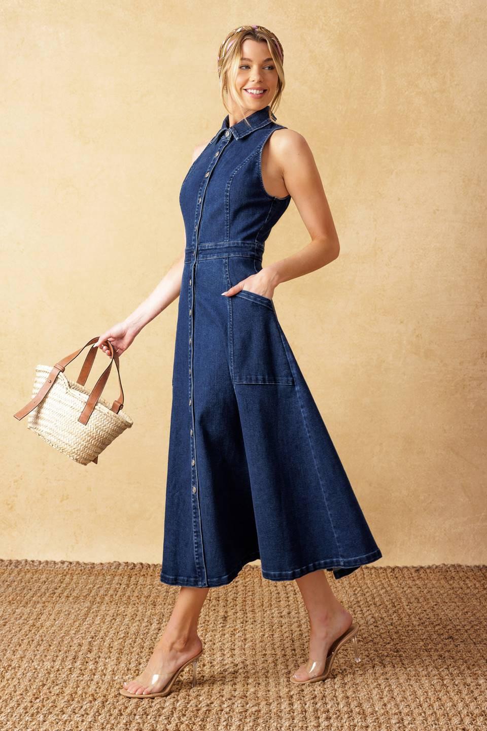 Cool Girl Denim Midi Dress in medium indigo, view 5 — Soul Flow Apparel