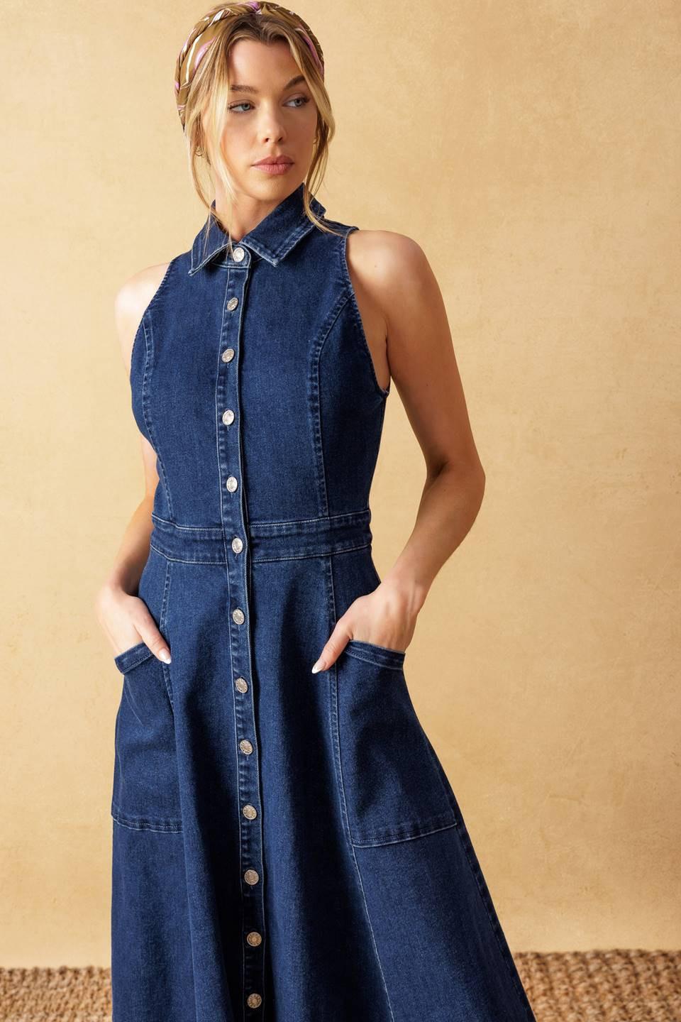 Cool Girl Denim Midi Dress in medium indigo, view 6 — Soul Flow Apparel