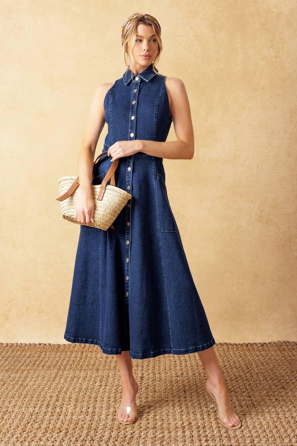 Cool Girl Denim Midi Dress in medium indigo, view 7 — Soul Flow Apparel
