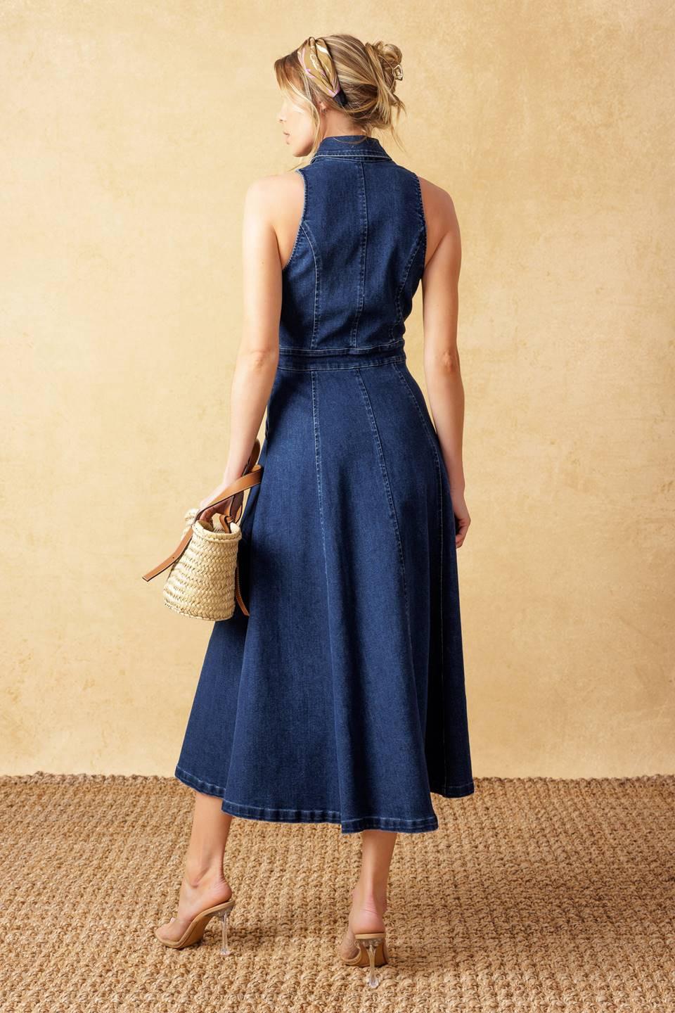 Cool Girl Denim Midi Dress in medium indigo, view 8 — Soul Flow Apparel