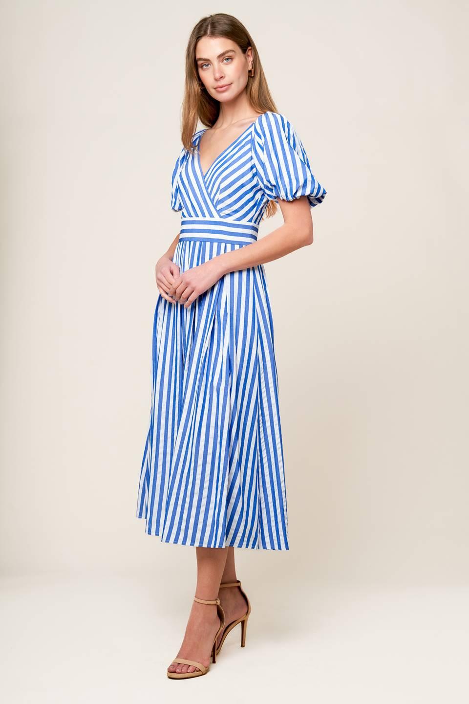 Sunset Steps Blue Woven Midi Dress in white, view 1 — Soul Flow Apparel