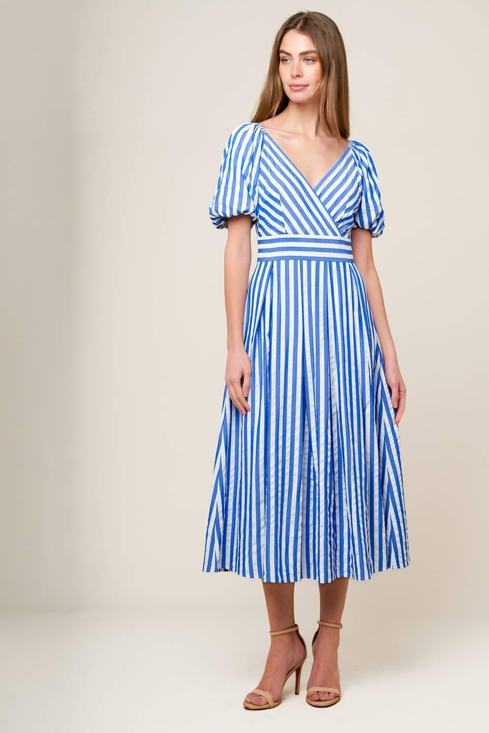 Sunset Steps Blue Woven Midi Dress in white, view 2 — Soul Flow Apparel