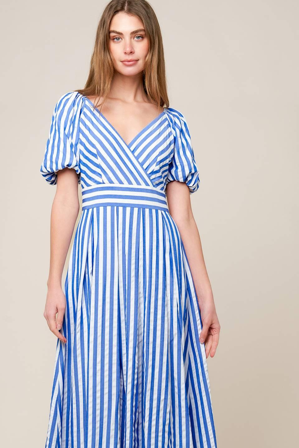 Sunset Steps Blue Woven Midi Dress in white, view 3 — Soul Flow Apparel