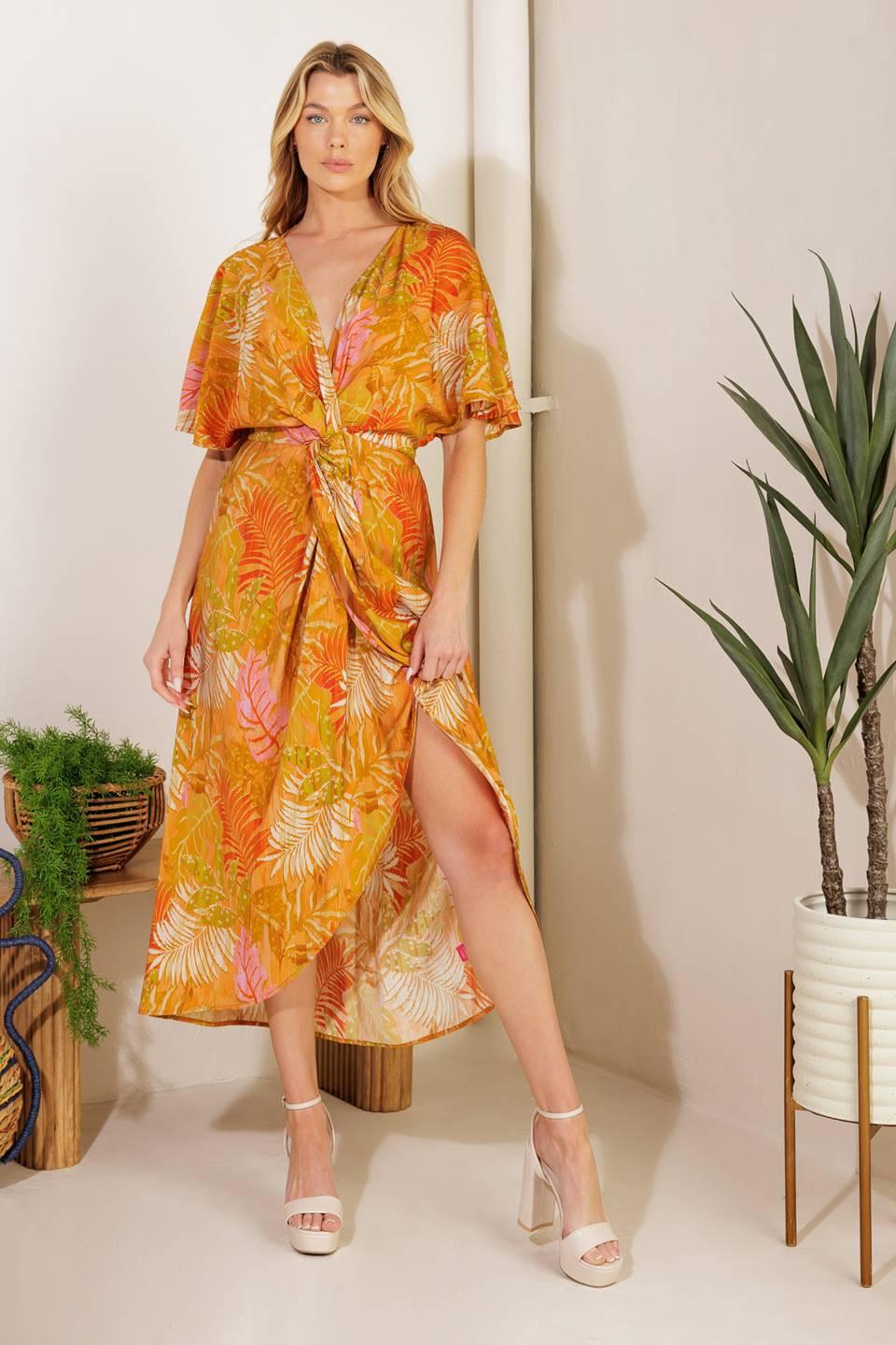 Budding Hearts Woven Midi Dress in mustard multi, view 3 — Soul Flow Apparel