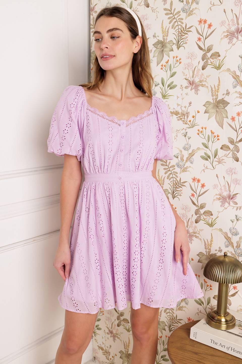 Midnight Mirage Gown Woven Eyelet Mini Dress in lilac, view 4 — Soul Flow Apparel