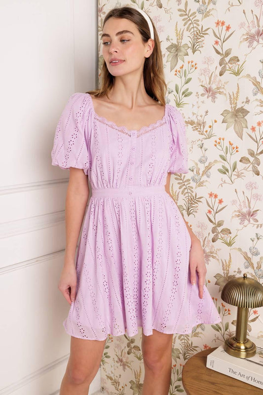 Midnight Mirage Gown Woven Eyelet Mini Dress in lilac, view 4 — Soul Flow Apparel