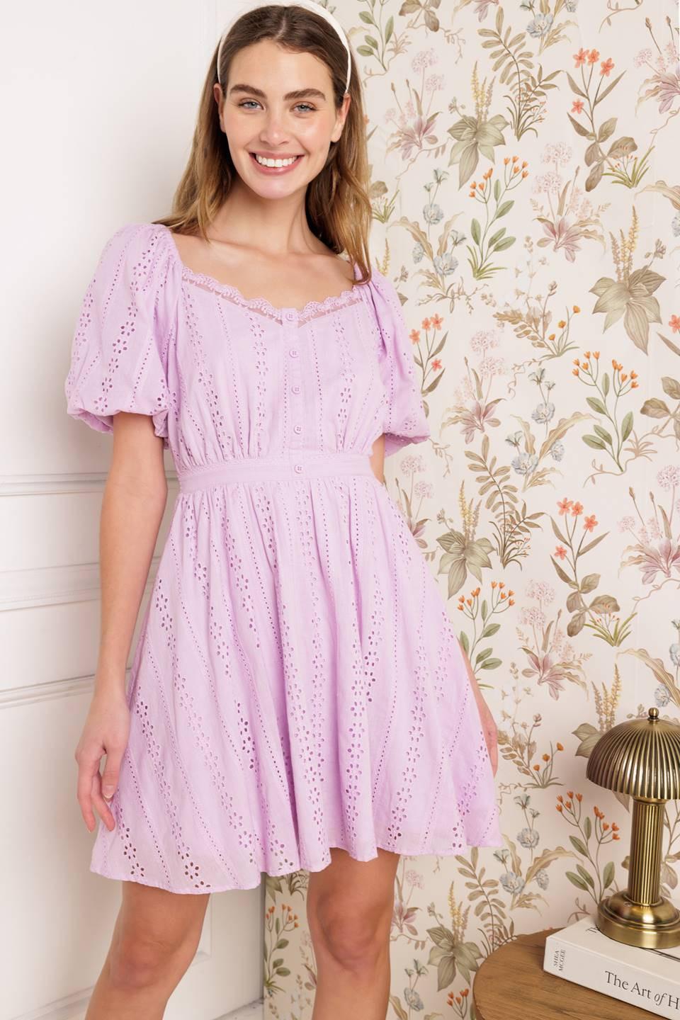 Midnight Mirage Gown Woven Eyelet Mini Dress in lilac, view 5 — Soul Flow Apparel