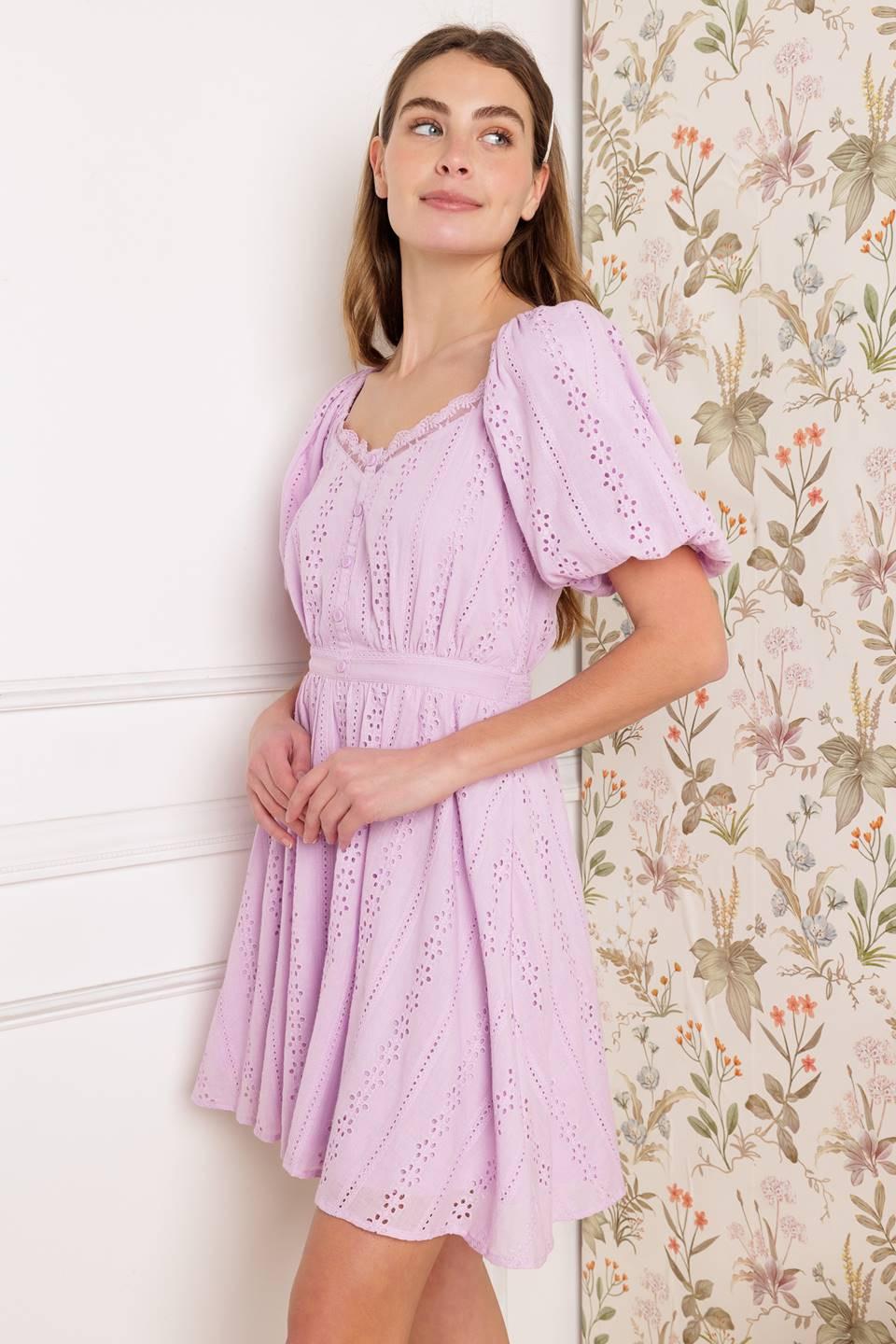 Midnight Mirage Gown Woven Eyelet Mini Dress in lilac, view 6 — Soul Flow Apparel