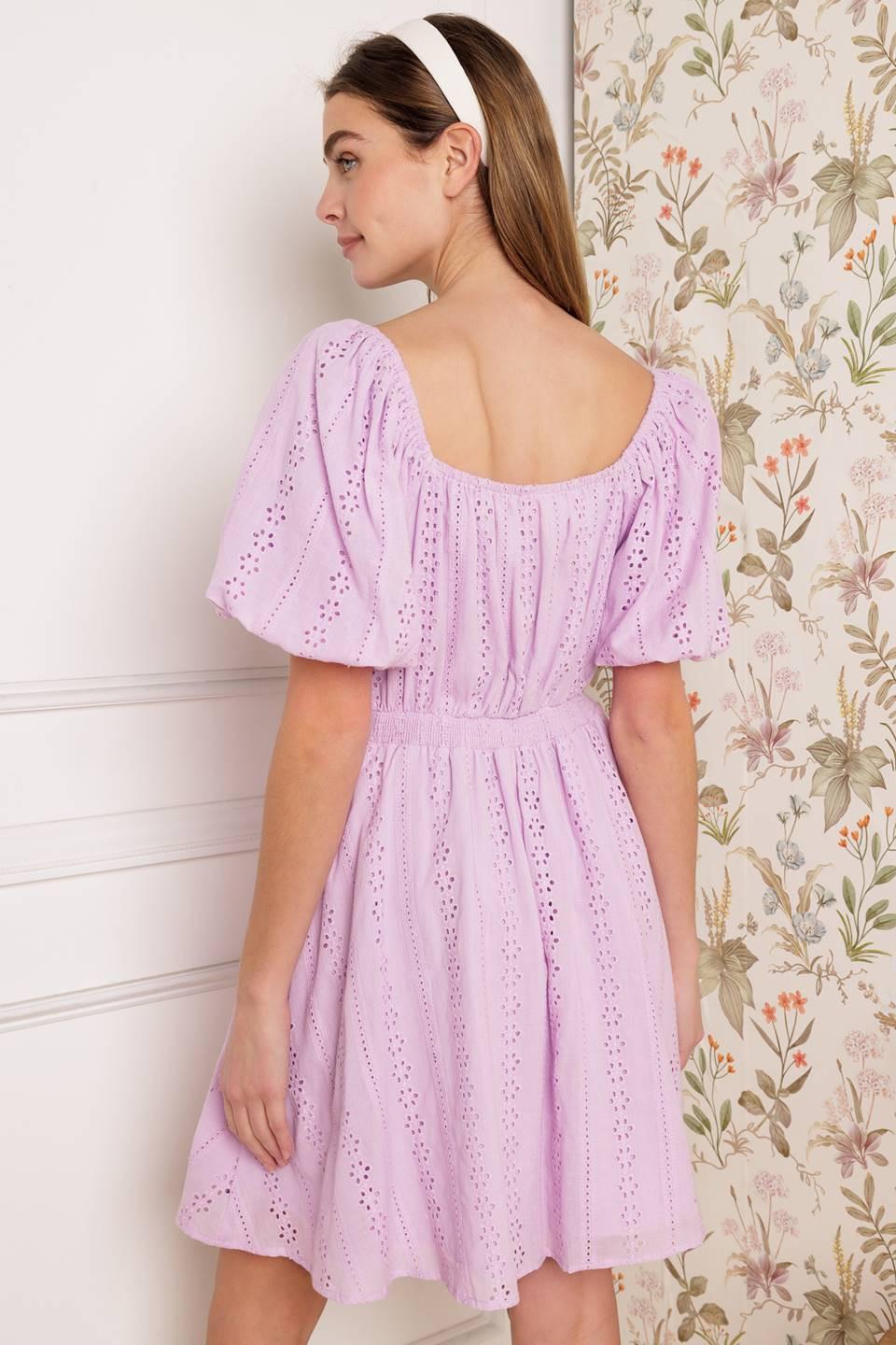 Midnight Mirage Gown Woven Eyelet Mini Dress in lilac, view 7 — Soul Flow Apparel