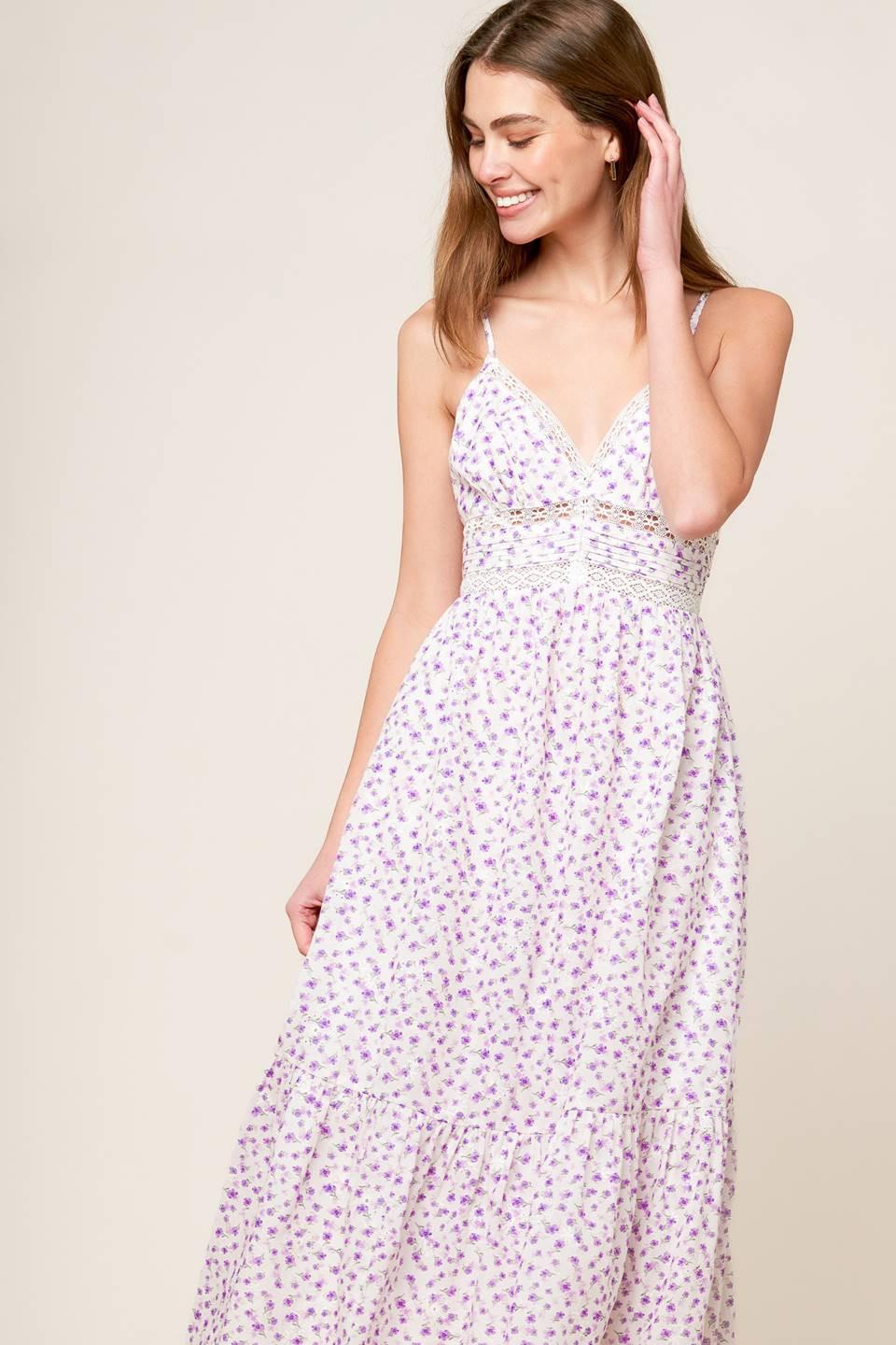Daylight Glimmer Lavender Woven Midi Dress in white, view 2 — Soul Flow Apparel