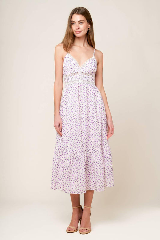 Daylight Glimmer Lavender Woven Midi Dress in white, view 3 — Soul Flow Apparel