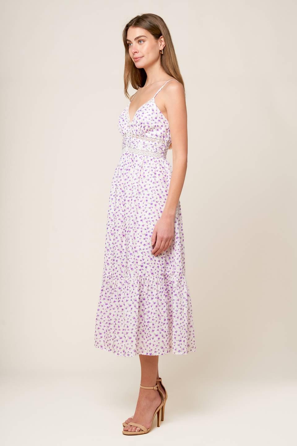 Daylight Glimmer Lavender Woven Midi Dress in white, view 4 — Soul Flow Apparel