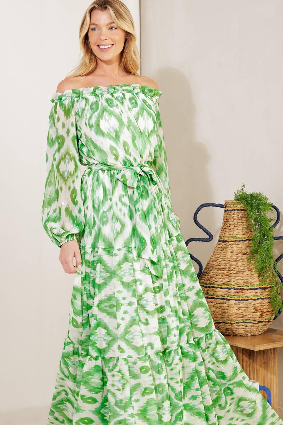 Eclipse's Whisper Woven Maxi Dress in ivory green, view 1 — Soul Flow Apparel