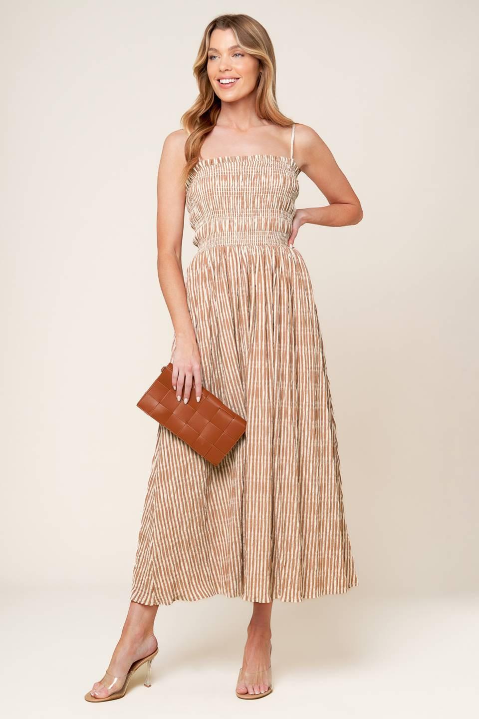 Valhalla Brown Striped Woven Midi Dress in ivory, view 1 — Soul Flow Apparel