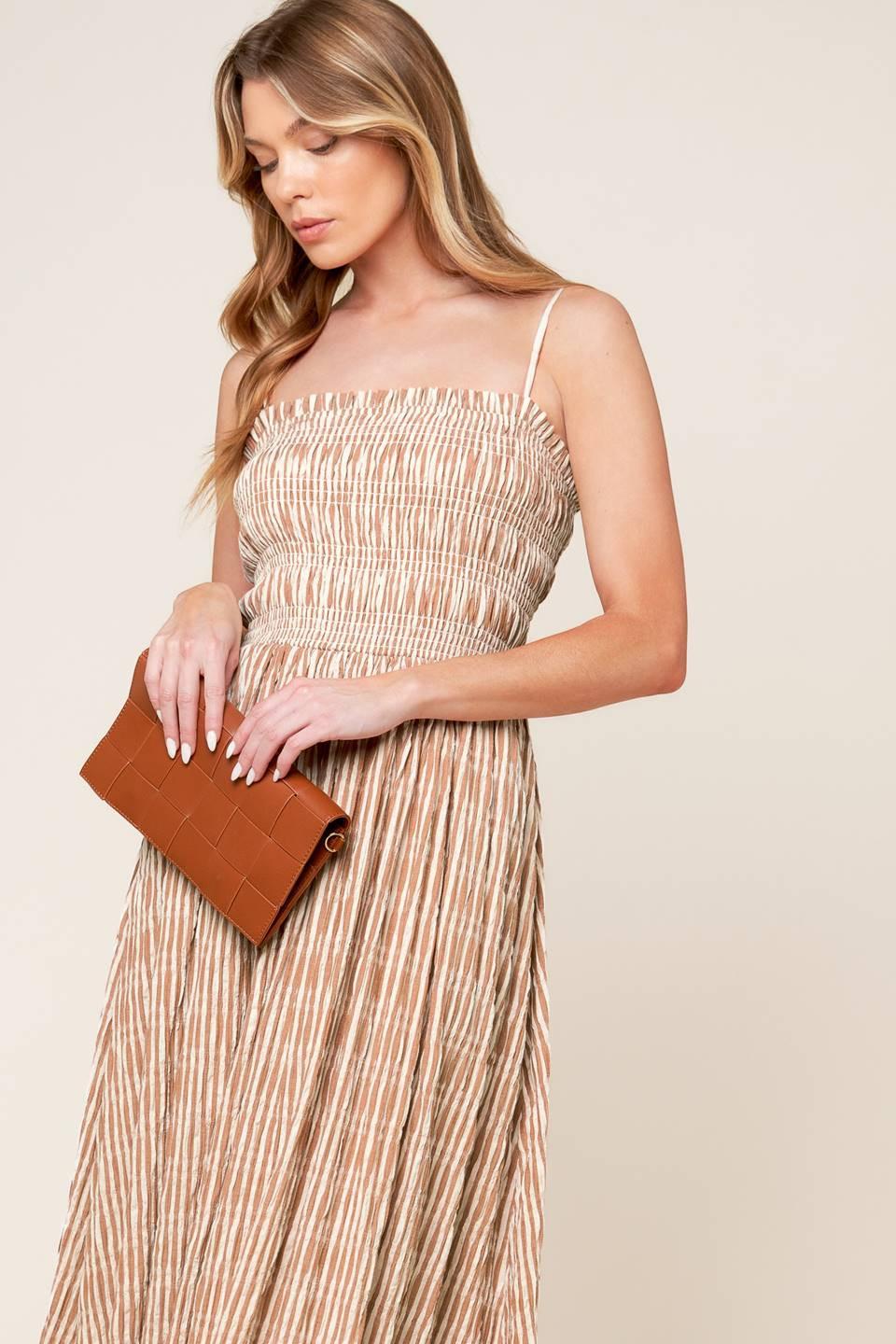 Valhalla Brown Striped Woven Midi Dress in ivory, view 2 — Soul Flow Apparel