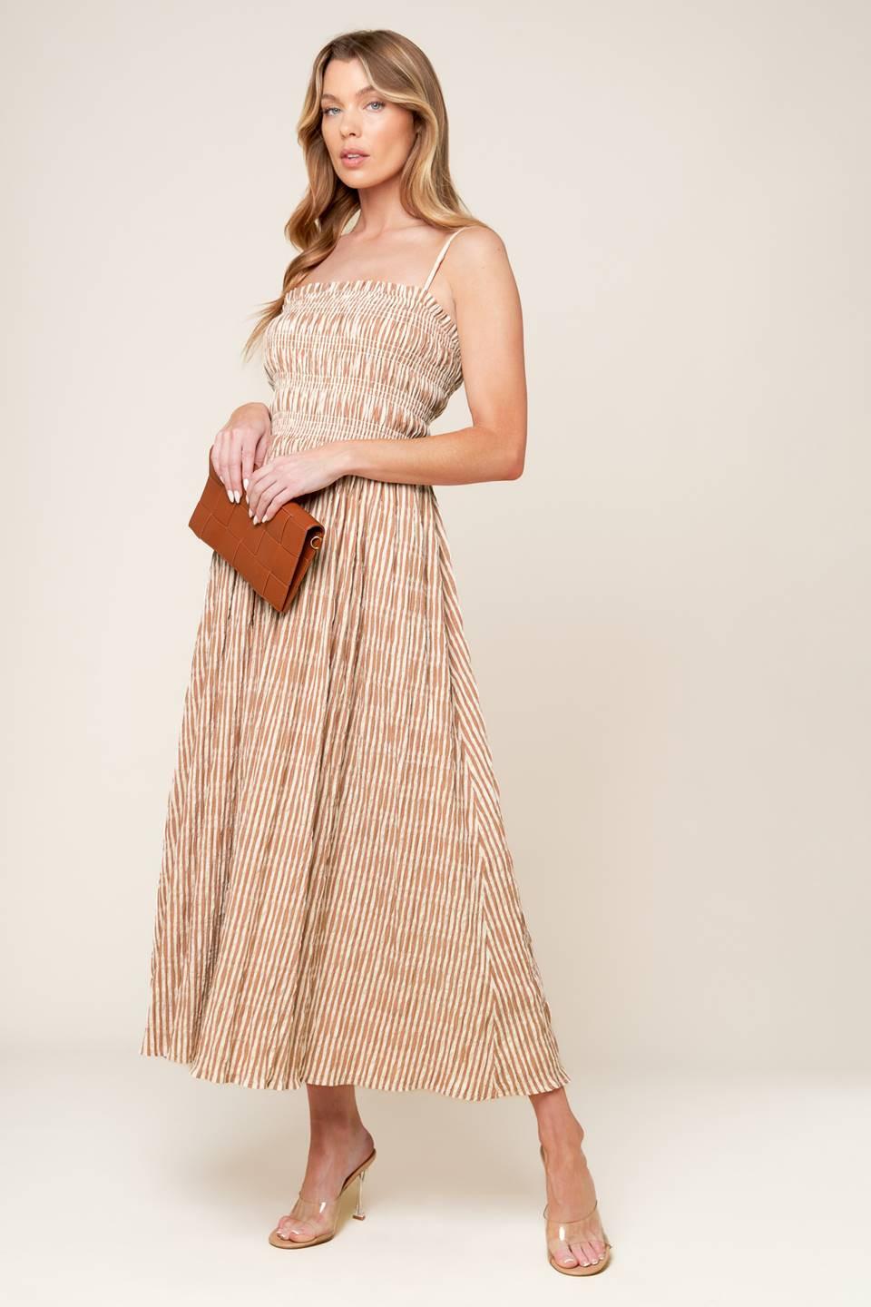Valhalla Brown Striped Woven Midi Dress in ivory, view 3 — Soul Flow Apparel