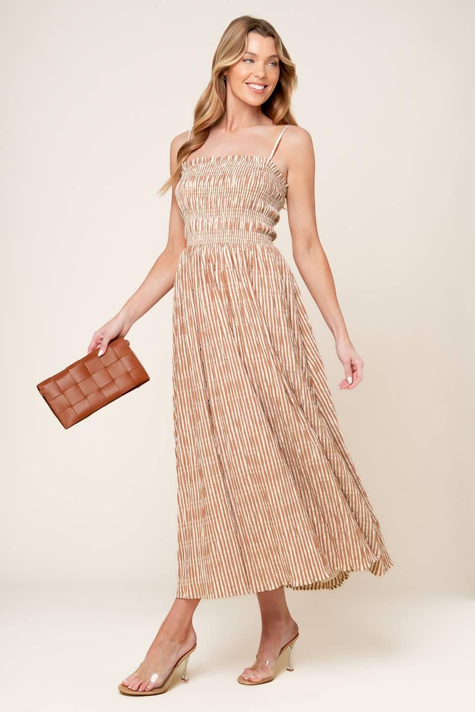 Valhalla Brown Striped Woven Midi Dress in ivory, view 4 — Soul Flow Apparel