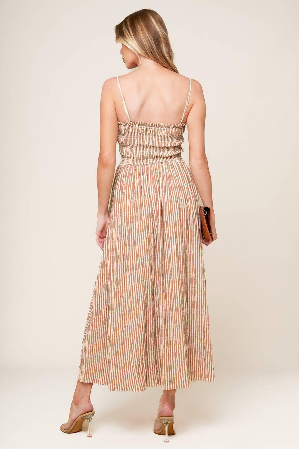 Valhalla Brown Striped Woven Midi Dress in ivory, view 6 — Soul Flow Apparel