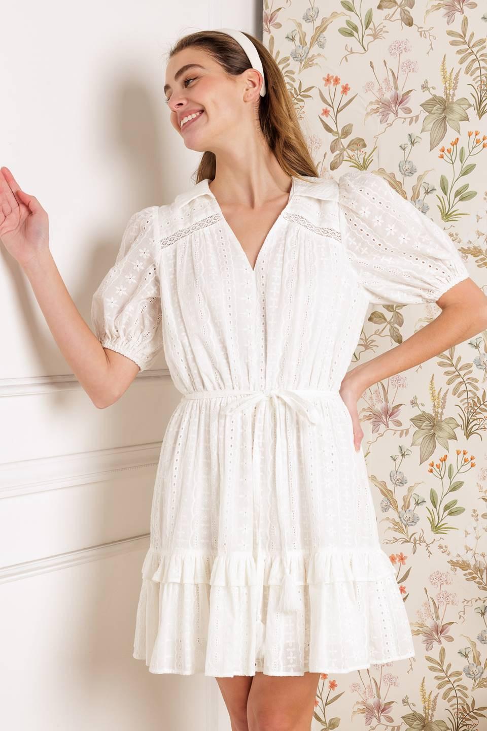 Starlight Soiree Woven Eyelet Mini Dress in ivory, view 2 — Soul Flow Apparel