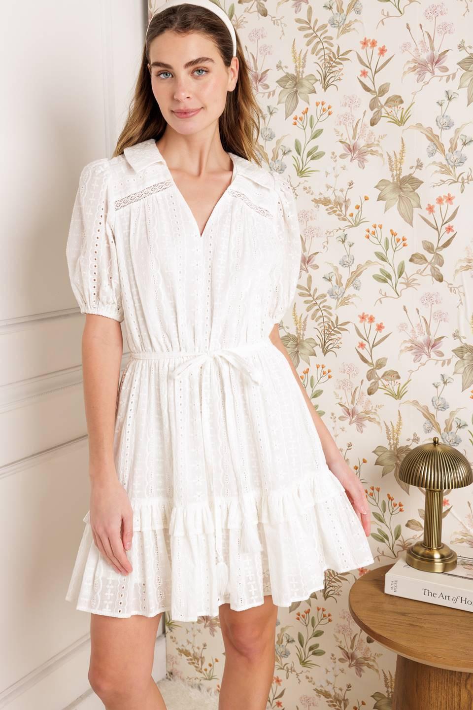 Starlight Soiree Woven Eyelet Mini Dress in ivory, view 4 — Soul Flow Apparel