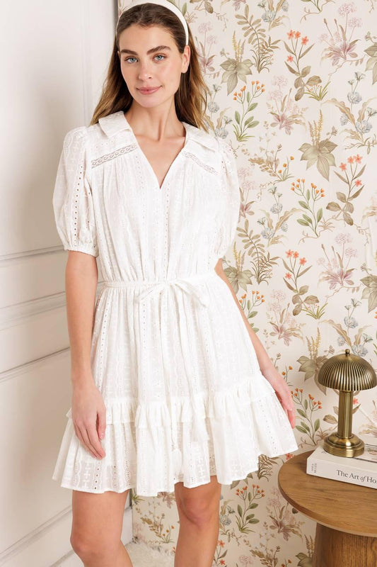 Starlight Soiree Woven Eyelet Mini Dress in ivory, view 4 — Soul Flow Apparel