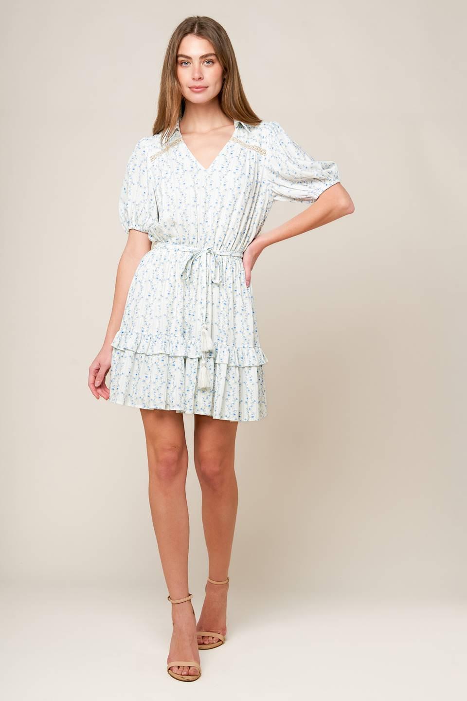 Skyward Blue Woven Mini Dress in ivory, view 1 — Soul Flow Apparel