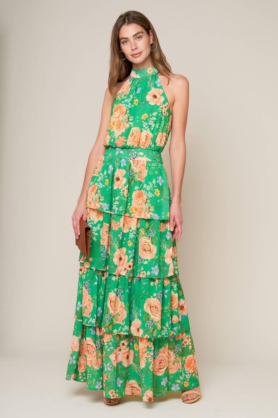 Porcelain Bloom Woven Maxi Dress in green peach, view 1 — Soul Flow Apparel