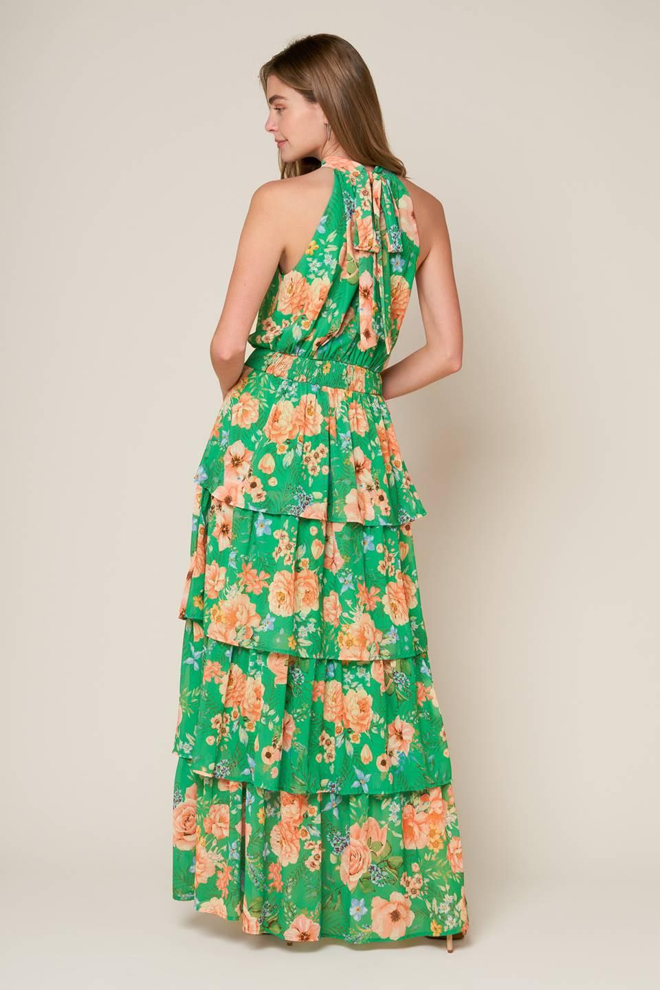 Porcelain Bloom Woven Maxi Dress in green peach, view 2 — Soul Flow Apparel