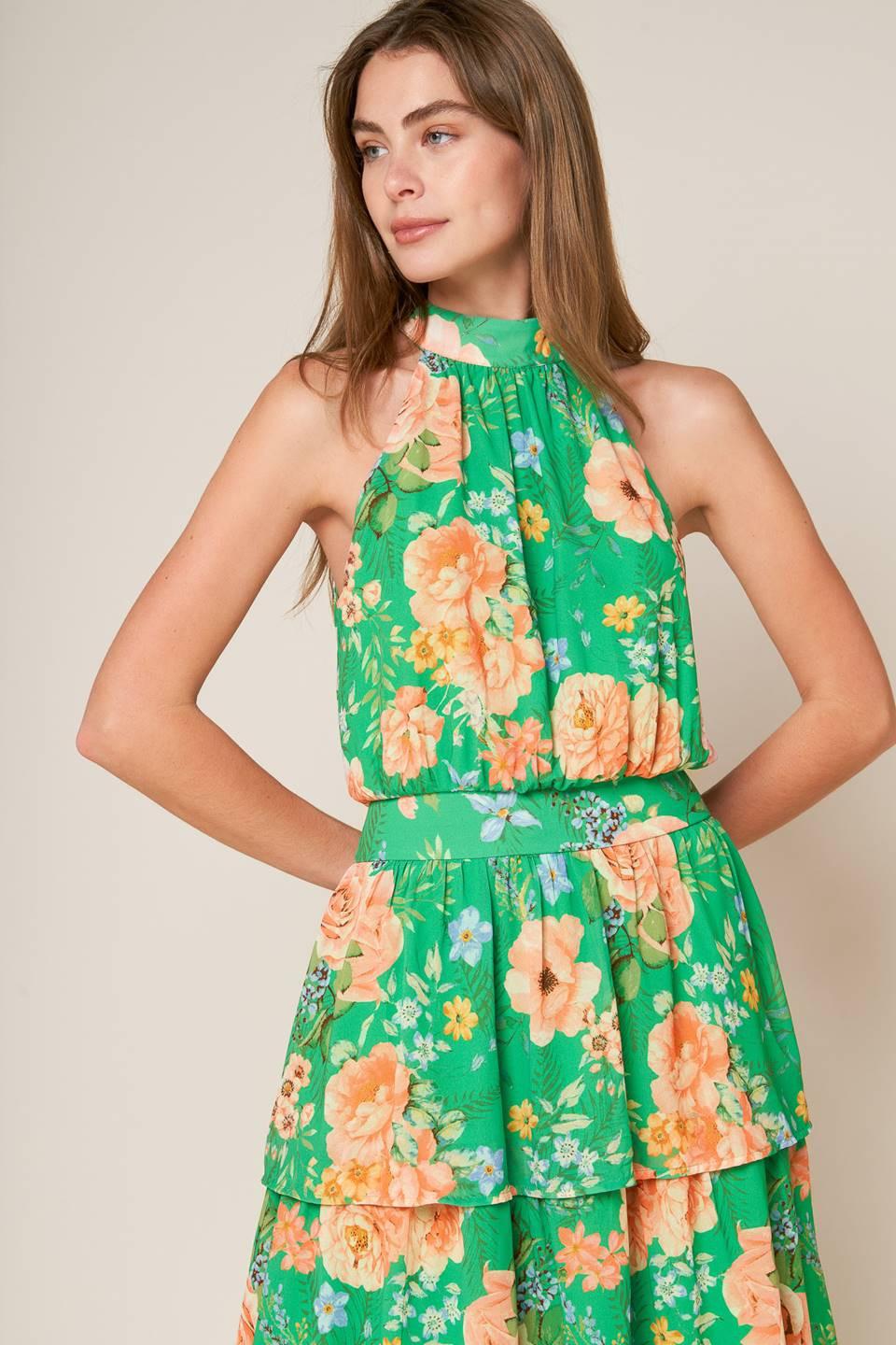 Porcelain Bloom Woven Maxi Dress in green peach, view 3 — Soul Flow Apparel