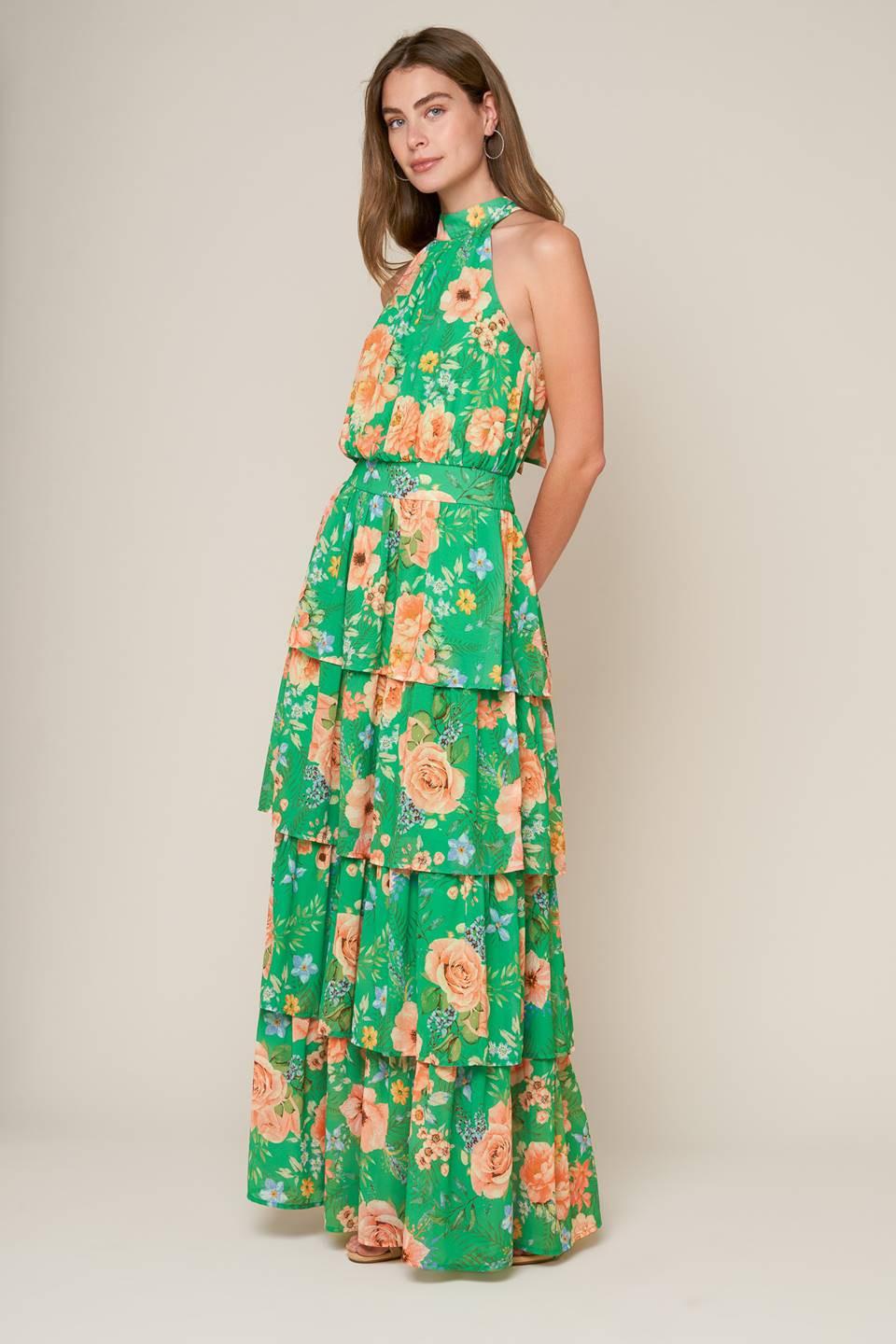 Porcelain Bloom Woven Maxi Dress in green peach, view 4 — Soul Flow Apparel