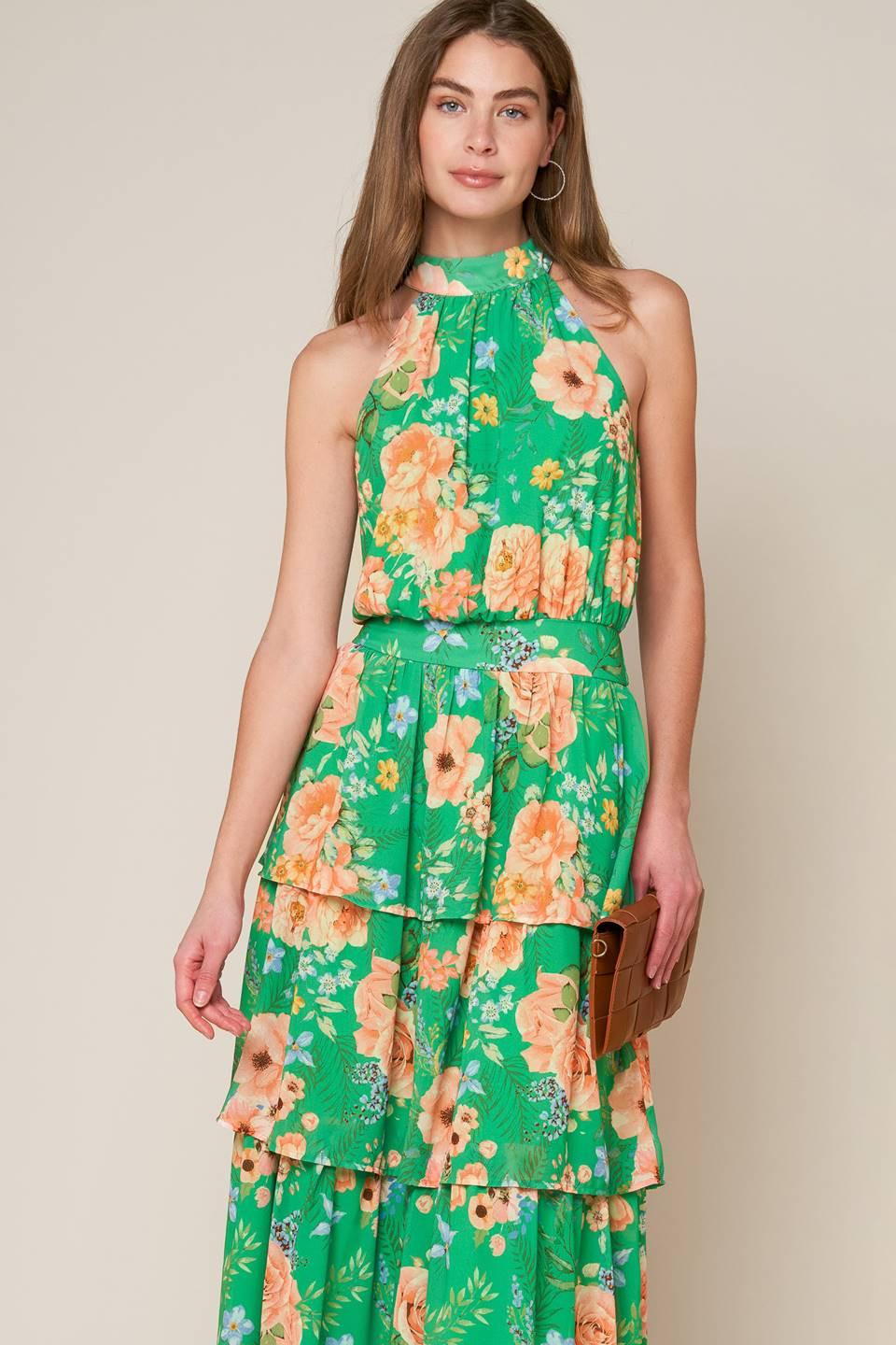 Porcelain Bloom Woven Maxi Dress in green peach, view 5 — Soul Flow Apparel