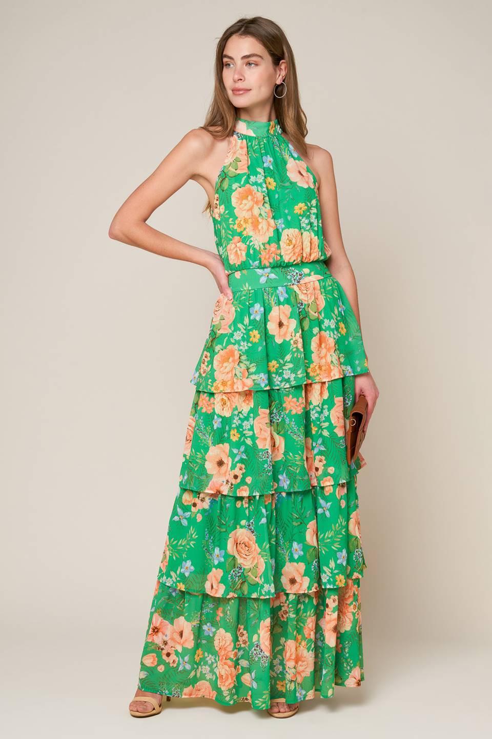 Porcelain Bloom Woven Maxi Dress in green peach, view 7 — Soul Flow Apparel