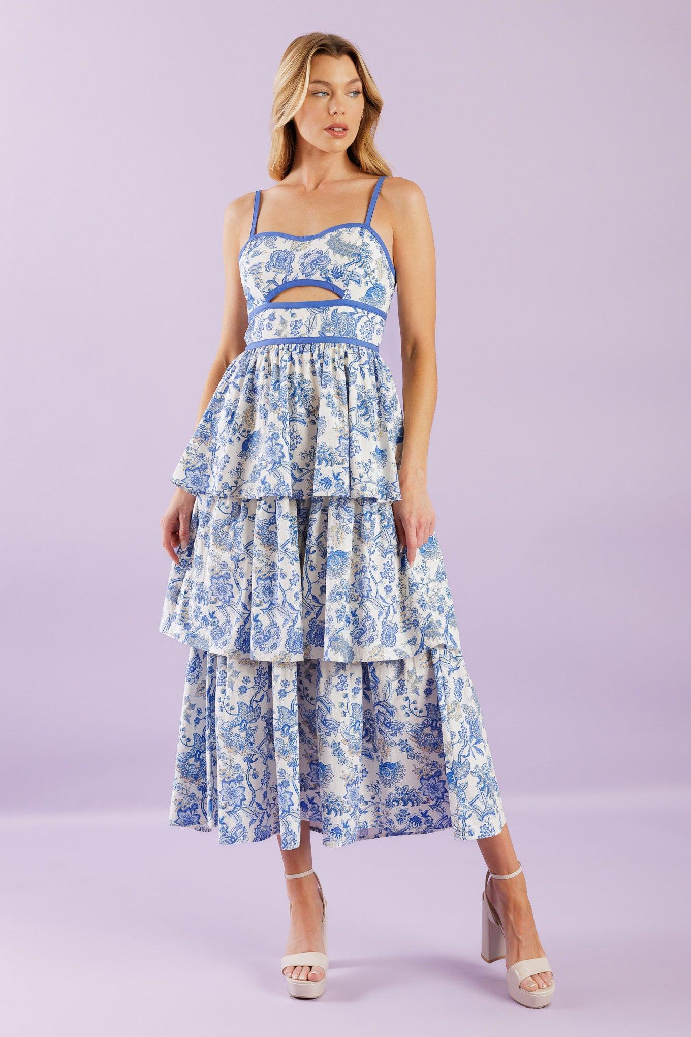 A Great Escape Woven Midi Dress in ivory blue, view 1 — Soul Flow Apparel