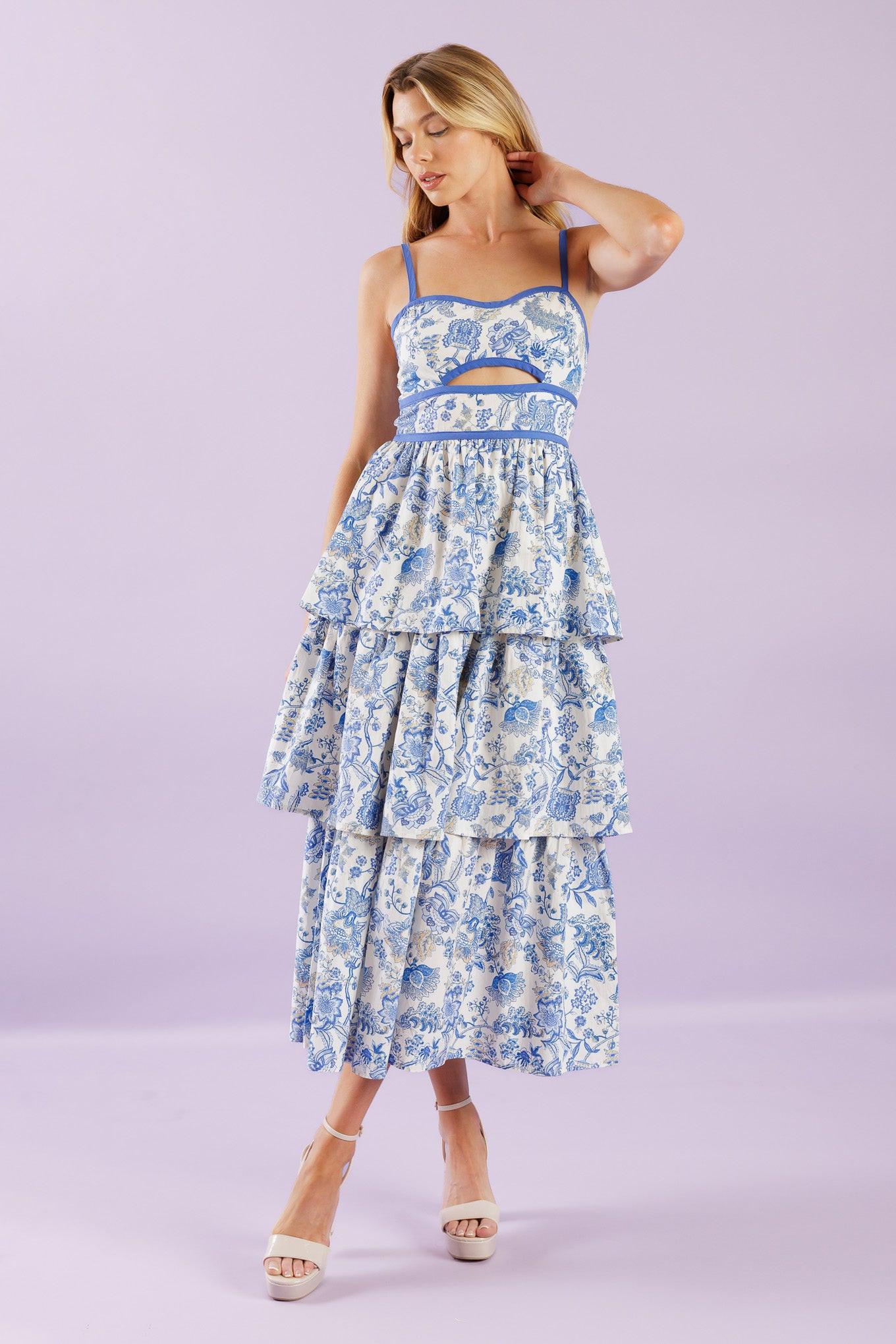 A Great Escape Woven Midi Dress in ivory blue, view 2 — Soul Flow Apparel