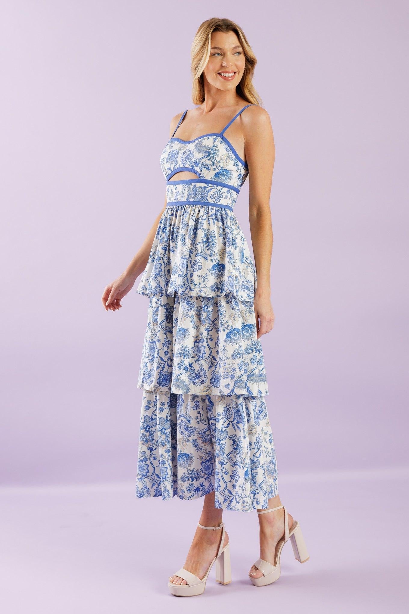 A Great Escape Woven Midi Dress in ivory blue, view 4 — Soul Flow Apparel