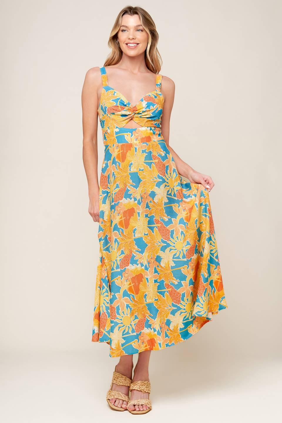 Twirl Me Blue Woven Midi Dress, view 2 — Soul Flow Apparel