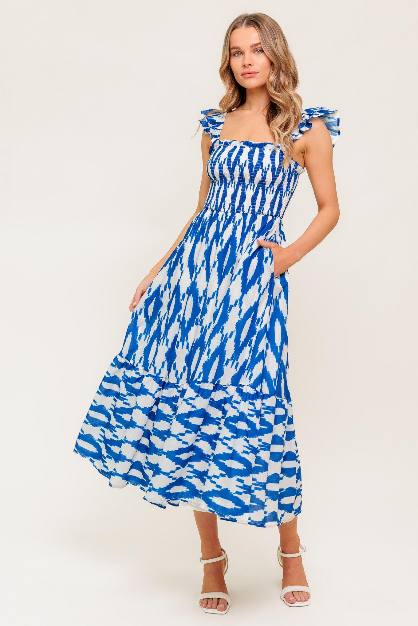 Lost in the Details Woven Midi Dress in ivory blue, view 1 — Soul Flow Apparel