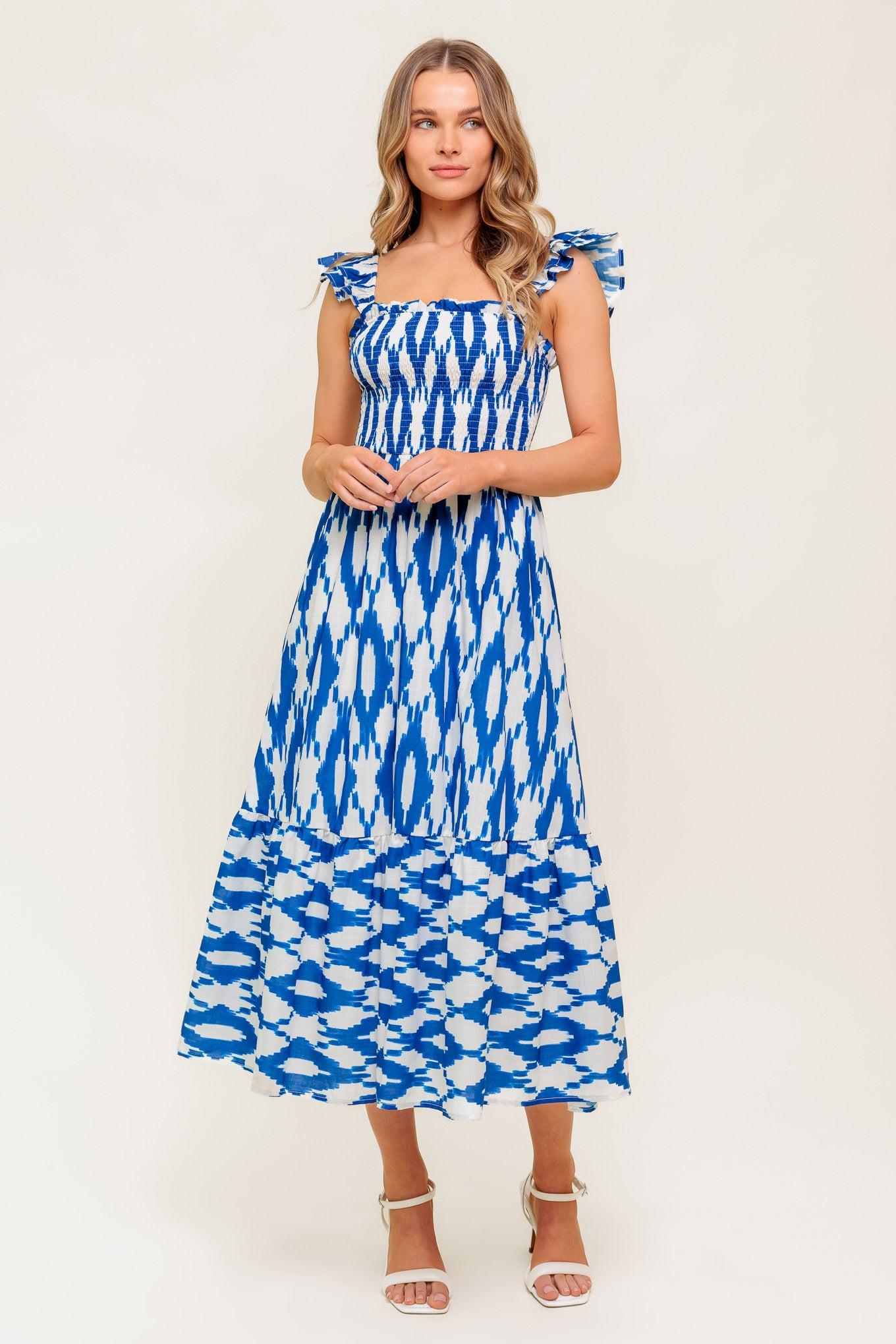 Lost in the Details Woven Midi Dress in ivory blue, view 2 — Soul Flow Apparel