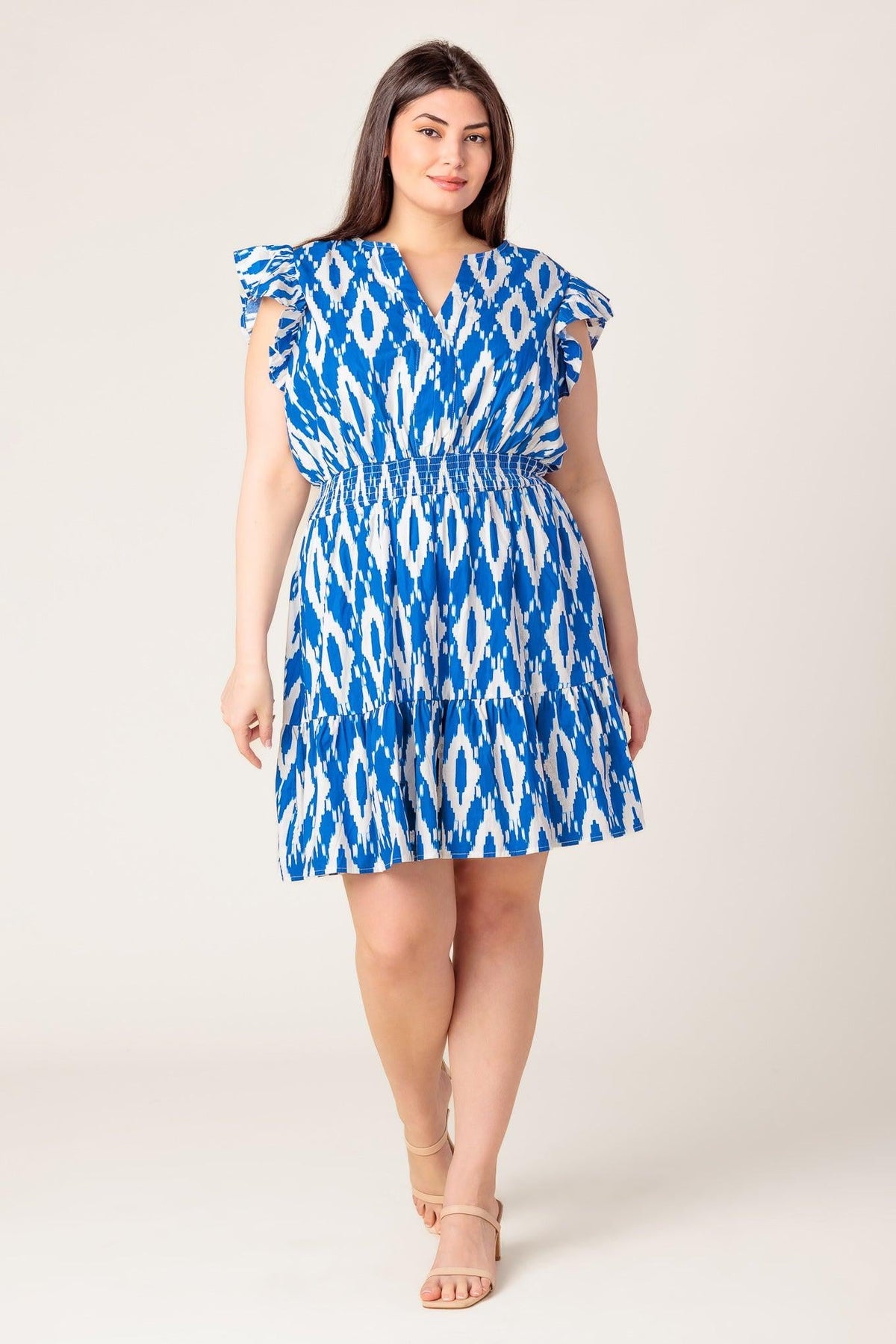 A Perfect Match Woven Mini Dress in blue ivory, view 1 — Soul Flow Apparel
