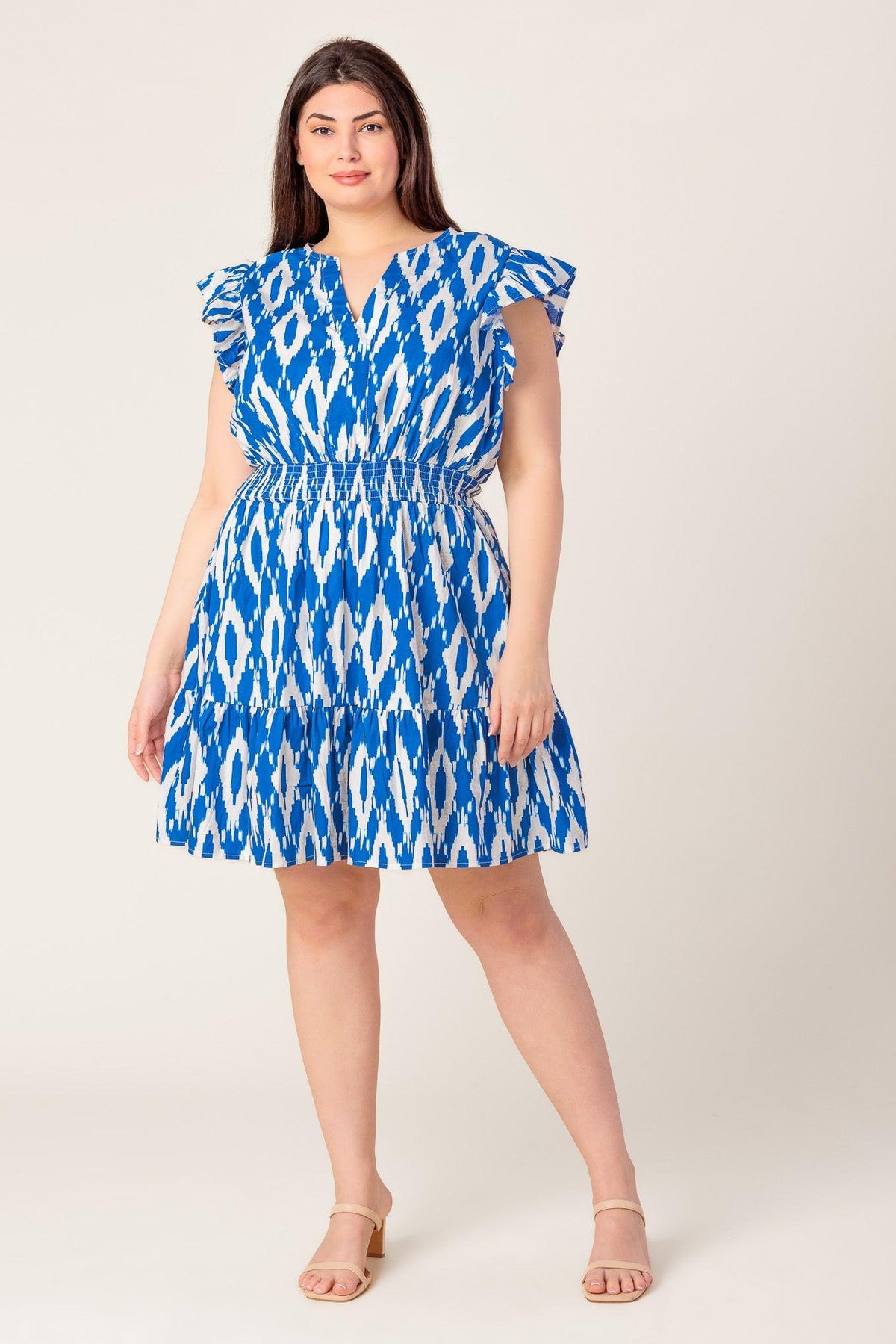 A Perfect Match Woven Mini Dress in blue ivory, view 2 — Soul Flow Apparel