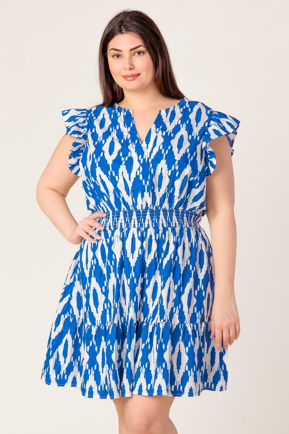 A Perfect Match Woven Mini Dress in blue ivory, view 3 — Soul Flow Apparel