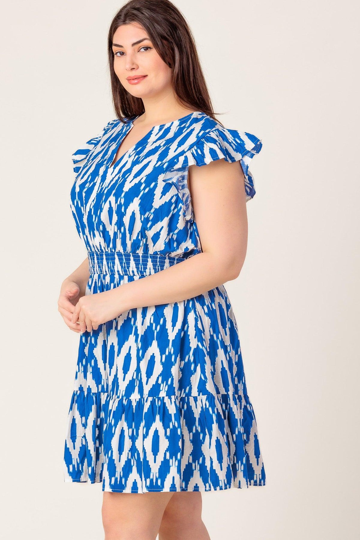 A Perfect Match Woven Mini Dress in blue ivory, view 5 — Soul Flow Apparel