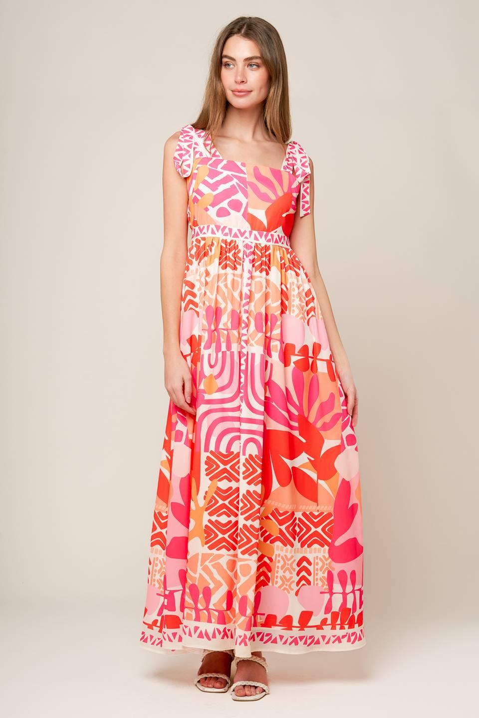 Drive-In Movie Woven Maxi Dress in pink orange, view 1 — Soul Flow Apparel