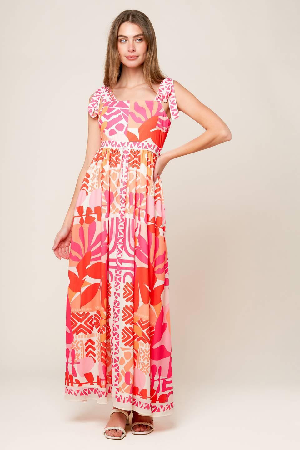 Drive-In Movie Woven Maxi Dress in pink orange, view 2 — Soul Flow Apparel