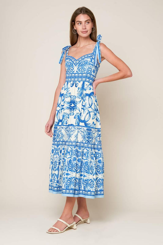 The Garden's Secret Woven Midi Dress in blue combo, view 3 — Soul Flow Apparel